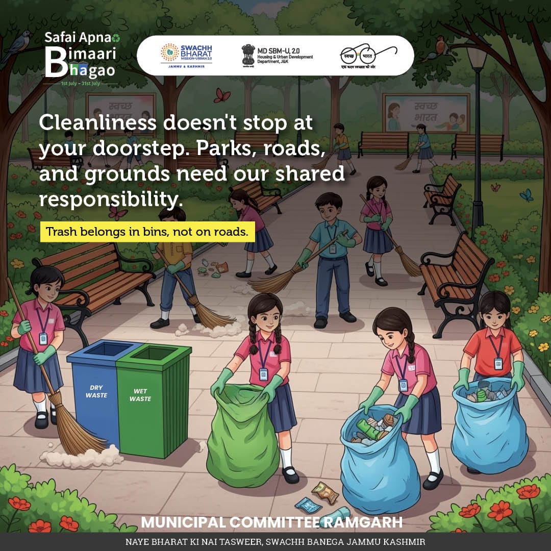 Swachh Ramgarh (@swachhramgarh) on Twitter photo Cleanliness doesn't stop at your doorstep. Parks, roads, and grounds need our shared responsibility.
Trash belongs in bins, not on roads..
<a href="/SwachhBharatGov/">Swachh Bharat Urban</a>
<a href="/md_sbm/">Swachh Bharat Mission Urban , J&K</a>
<a href="/SwachSurvekshan/">Swachh Survekshan</a>
<a href="/SwachhJk/">Swachh J&K</a>
<a href="/OfficeOfLGJandK/">Office of LG J&K</a>
<a href="/dcsambaoffice/">Deputy Commissioner Samba</a>
<a href="/JKHUDD1/">J&K Housing & Urban Development Department</a>
<a href="/MoHUA_India/">Ministry of Housing and Urban Affairs</a>
<a href="/JammuUlb/">Urban Local Bodies, Jammu</a> Cleanliness doesn't stop at your doorstep. Parks, roads, and grounds need our shared responsibility.
Trash belongs in bins, not on roads..
<a href="/SwachhBharatGov/">Swachh Bharat Urban</a>
<a href="/md_sbm/">Swachh Bharat Mission Urban , J&K</a>
<a href="/SwachSurvekshan/">Swachh Survekshan</a>
<a href="/SwachhJk/">Swachh J&K</a>
<a href="/OfficeOfLGJandK/">Office of LG J&K</a>
<a href="/dcsambaoffice/">Deputy Commissioner Samba</a>
<a href="/JKHUDD1/">J&K Housing & Urban Development Department</a>
<a href="/MoHUA_India/">Ministry of Housing and Urban Affairs</a>
<a href="/JammuUlb/">Urban Local Bodies, Jammu</a>