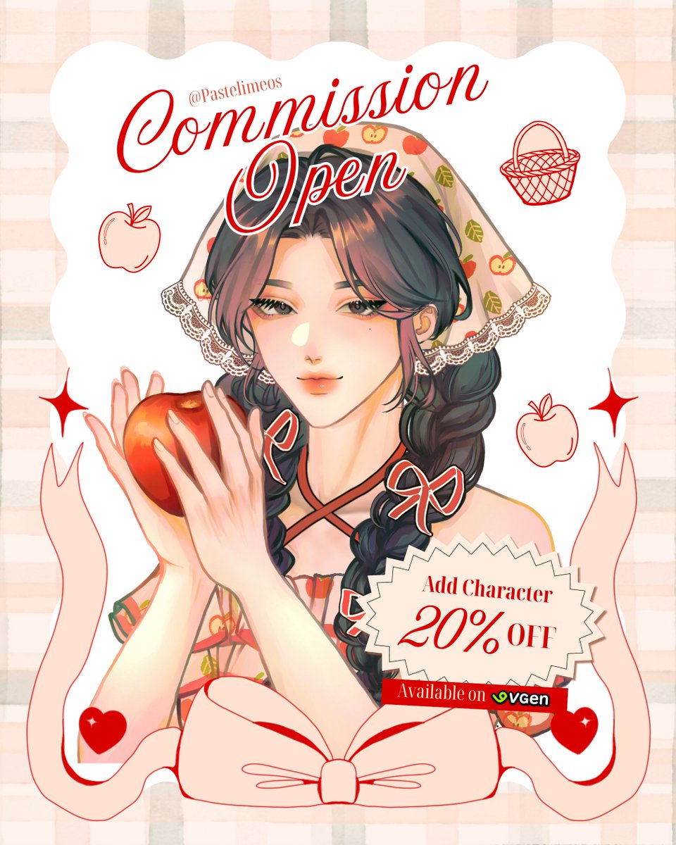 Pastelimeos's tweet image. 🧺 Likes & RTs are very appreciated! 𖹭
Hello! @pastelimeos is here to open commission and now we are available on Vgen ✧
Your support means the world to me, and this round of commissions is really special — I’m hoping to get verified on VGen! ✨
🍎vgen.co/Pastelimeos…