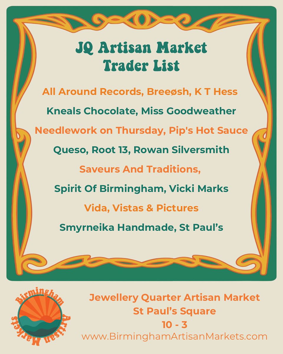 Your weekend line up!! Mini market in the JQ on Saturday to tide you over before the <a href="/JQBID/">The Jewellery Quarter BID</a>  #JewelleryQuarterFestival on the 26th!
#whatsonbirmingham #jewelleryquarter #bournville #birminghamartisanmarkets #JQLife #JQFood #JQEvent