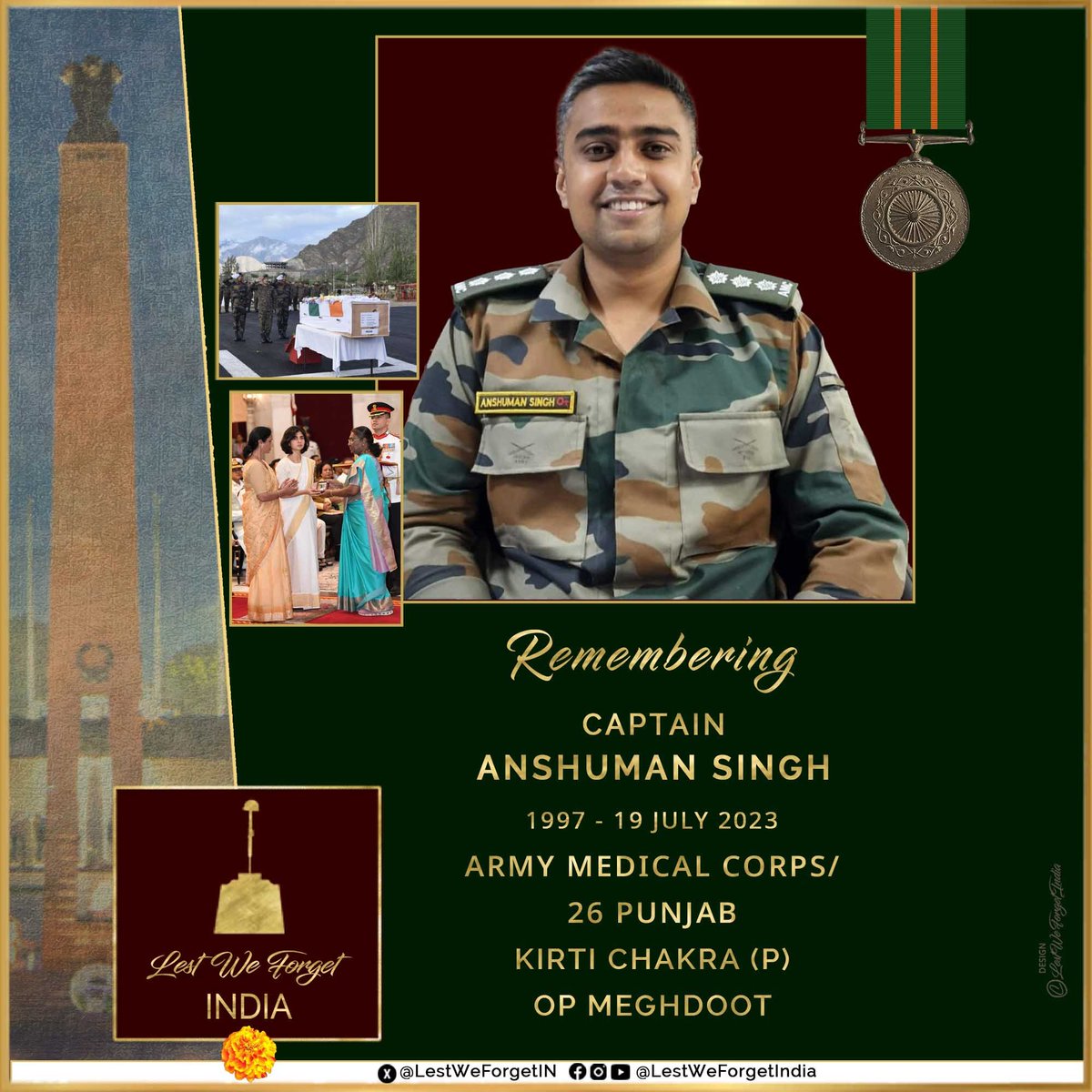 LestWeForgetIN's tweet image. The selfless sacrifice by an #IndianBrave doctor

#LestWeForgetIndia🇮🇳 Captain Anshuman Singh, ARMY MEDICAL CORPS, saved the lives of soldiers before making the supreme sacrifice in a fire accident at Siachen glacier #OnThisDay 19 July in 2023

Commissioned into the Army Medical…