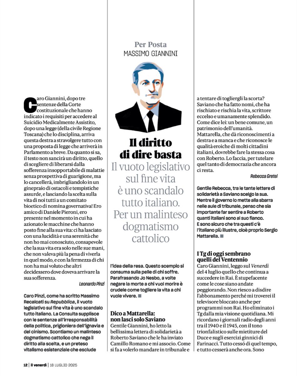 MassimGiannini's tweet image. “Il fine vita, tra il cinismo dei governi e l’ignavia dei Parlamenti”: la mia rubrica su @ilvenerdi.