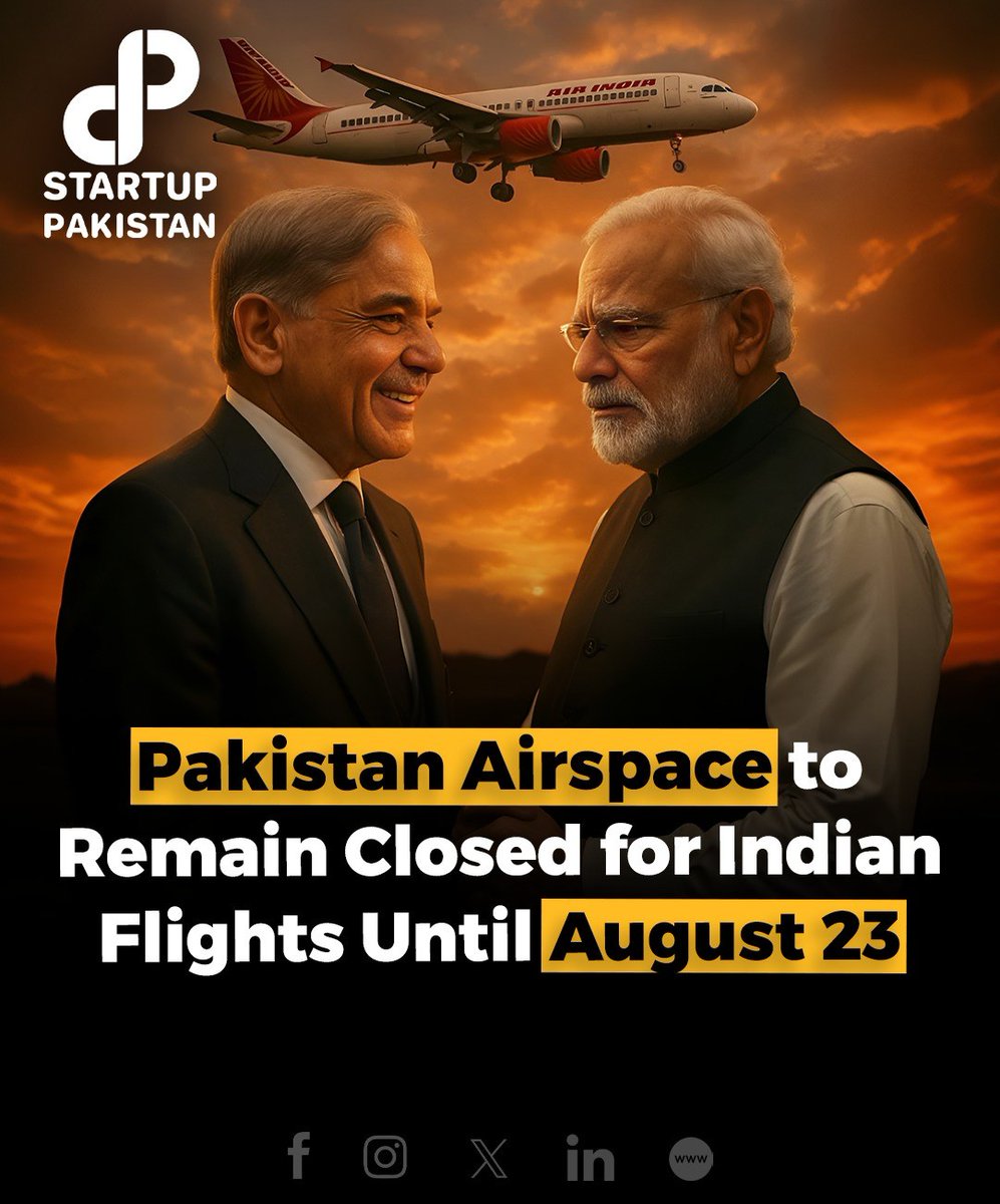PakStartup's tweet image. The Pakistan Airports Authority (PAA) has officially extended its airspace closure for all Indian-registered aircraft until August 24, 4:59 am, as per a new NOTAM (Notice to Airmen) issued Friday. 

Disclaimer: Image is just for reference. 

#PakistanAirspace #IndiaBan #PAA