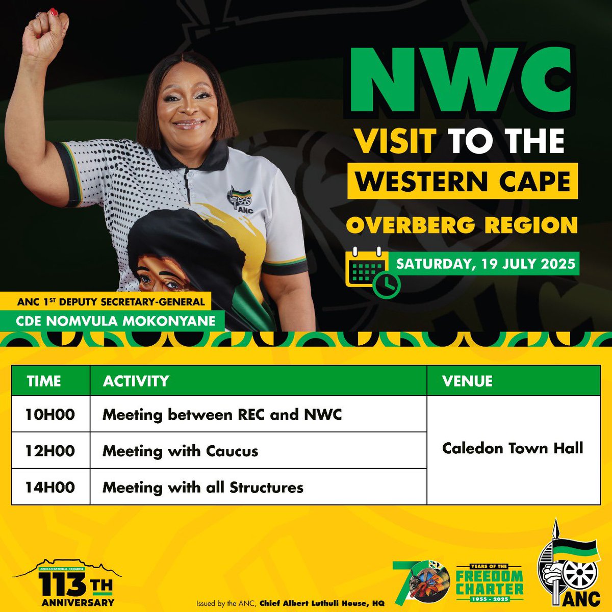 Today the #ANCNWC will engage structures across the Western Cape in a region-wide mobilisation and organisational assessment campaign.

📍President Cyril Ramaphosa - Boland Region (Mbekweni community hall, Paarl)

📍National Chairperson
Gwede Mantashe - Southern Cape Region