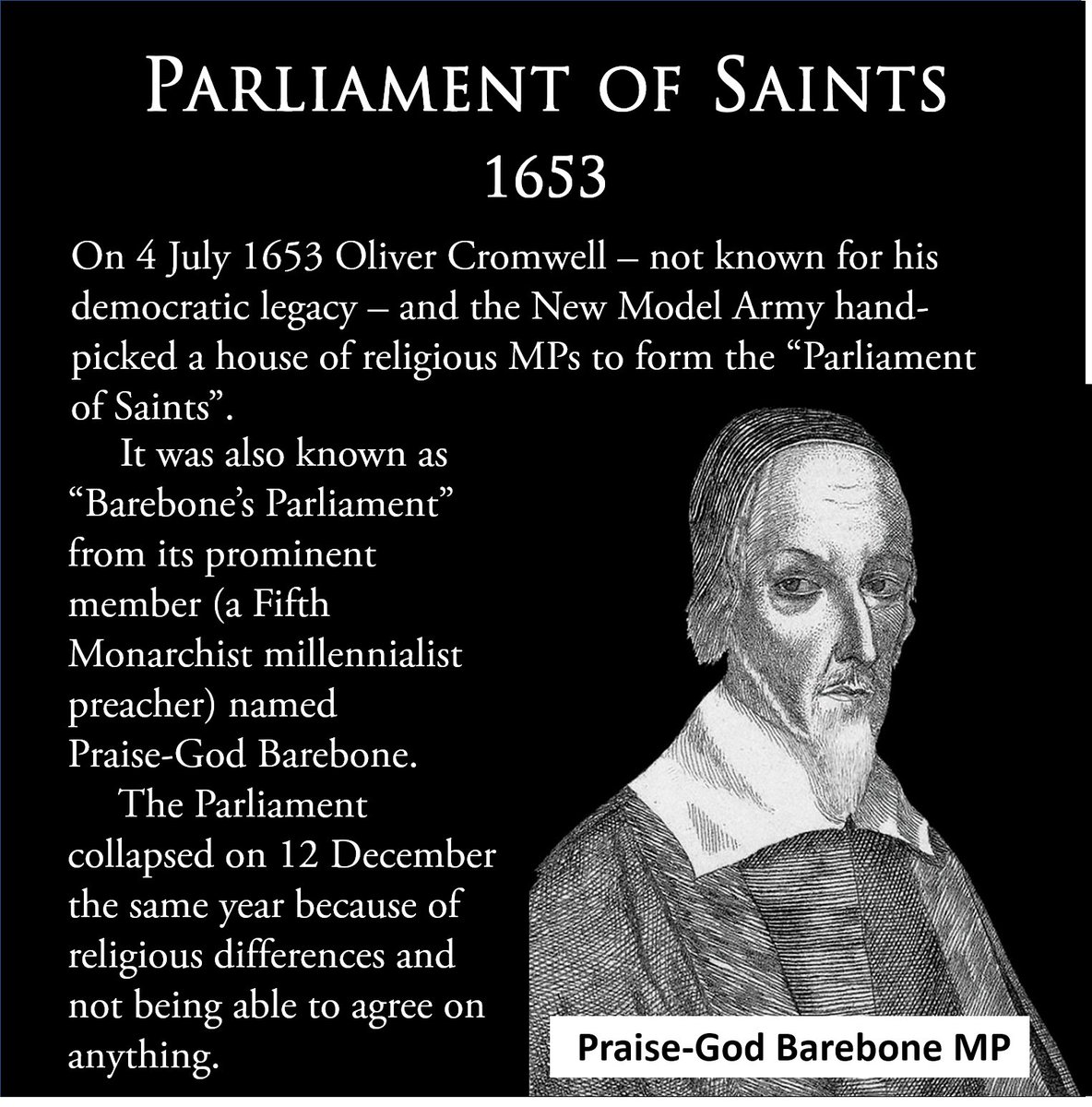 Dominic Selwood (@dominicselwood) on Twitter photo Seeing an MP in Parliament calling for repentance and a Christian revival is not new. Cromwell’s authoritarian and "godly" Parliament of Saints tried exactly that. It ended in 5 months in fundamentalist fiasco. Cromwell's religious dictatorship lasted a lot longer. Seeing an MP in Parliament calling for repentance and a Christian revival is not new. Cromwell’s authoritarian and "godly" Parliament of Saints tried exactly that. It ended in 5 months in fundamentalist fiasco. Cromwell's religious dictatorship lasted a lot longer.
