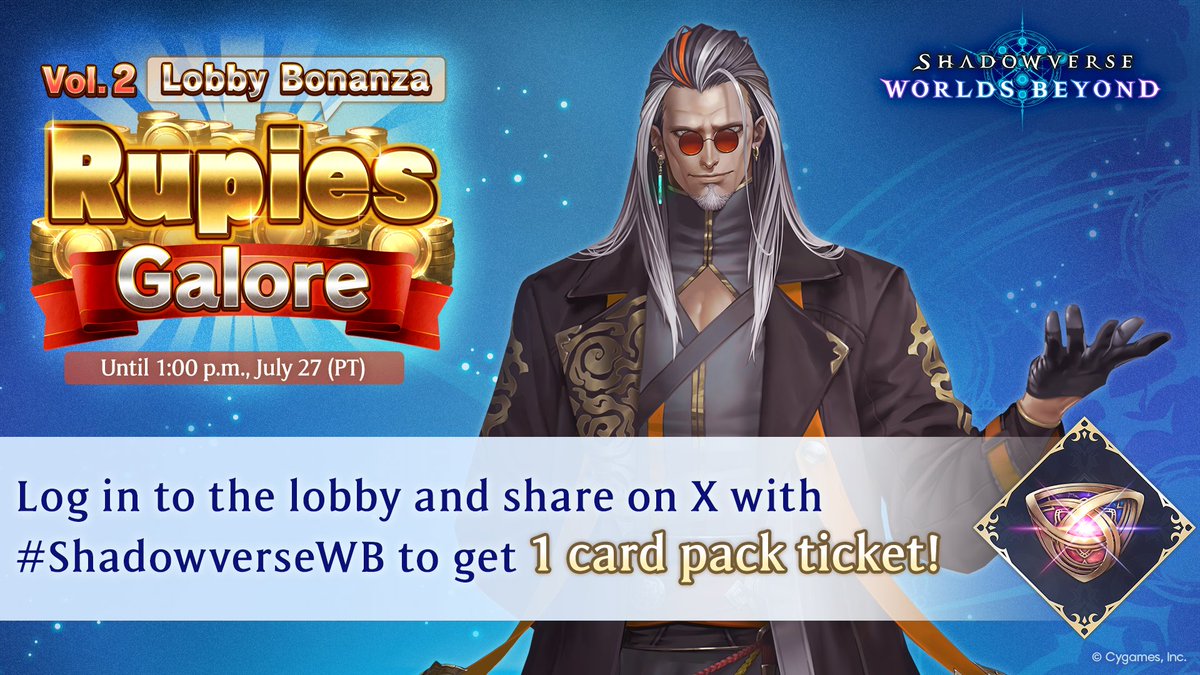I'm entering #ShadowverseWB Lobby Bananza: Rupies Galore for a chance to win 2.5 million rupies! 🎁 

👇 Enter now and use the in-game share function to earn a card pack ticket for free!
shadowverse-wb.com/en/