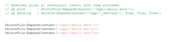DariaPrzy's tweet photo. Programowanie,
Inno Setup, sprzątanie po instalacji
Czy ktoś ogarnia, jak usunąć kilka plików jedną funkcją?
Mam:
https://t.co/L8h2WH9pQi
daria.txt
https://t.co/DnJ5yO4Vra
Zamiast pisać trzy razy DeleteFile(...)? 😉
Może jest inny patent
#programowanie #InnoSetup #pytanie https://t.co/2M2tpzsUMU