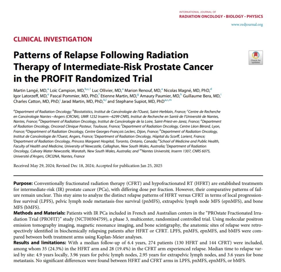 nataliagandur's tweet image. 🔵 🆕️ 2025 insights from the #PROFIT trial in #ProstateCancer
Focusing on intermediate-risk patients treated with RT:
📌 1. Patient-reported outcomes (Sanmamed et al.)
🔹️ Hypofractionation (60 Gy/20 fx) vs. Conventional (78 Gy/39 fx)
🔹️Comparable urinary QoL
🔹️ Less…
