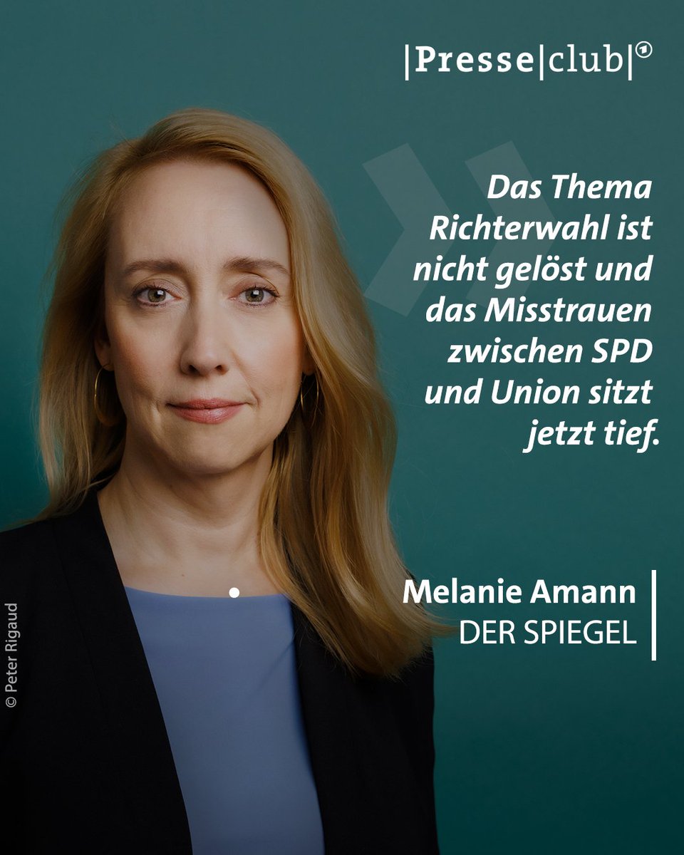 Presseclub (@ard_presseclub) on Twitter photo Für das Wahldebakel um Frauke Brosius-Gersdorf sei <a href="/bundeskanzler/">Bundeskanzler Friedrich Merz</a> Merz zwar nicht verantwortlich, findet <a href="/MelAmann/">Melanie Amann</a> (<a href="/derspiegel/">DER SPIEGEL</a>). Trotzdem gingen er und seine Koalition beschädigt in die Sommerpause. #presseclub Für das Wahldebakel um Frauke Brosius-Gersdorf sei <a href="/bundeskanzler/">Bundeskanzler Friedrich Merz</a> Merz zwar nicht verantwortlich, findet <a href="/MelAmann/">Melanie Amann</a> (<a href="/derspiegel/">DER SPIEGEL</a>). Trotzdem gingen er und seine Koalition beschädigt in die Sommerpause. #presseclub