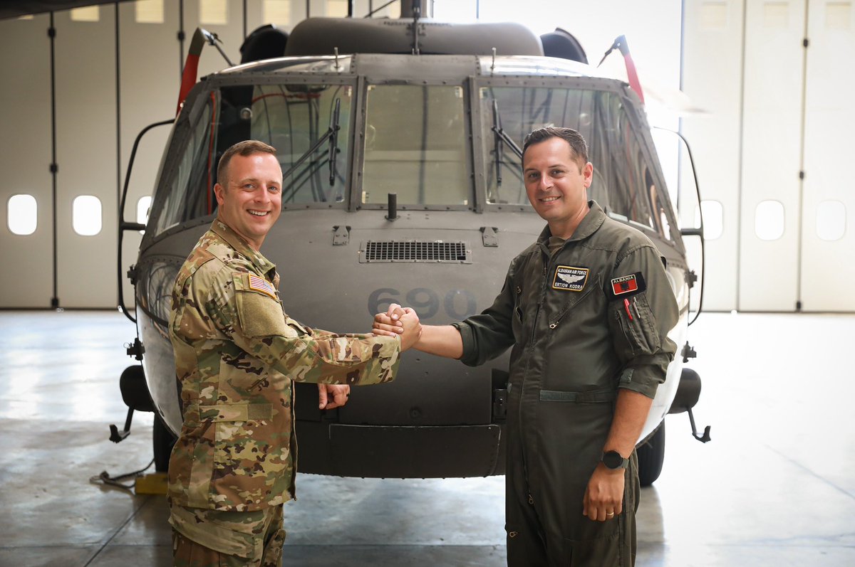 USEmbassyTirana's tweet image. New Jersey National Guard aircraft maintainers and aircrew were here this week working with Albanian Air Forces to maintain aircraft and prepare for search and rescue missions. They’re using the same Black Hawk helicopter that saved lives during Hurricane Sandy rescue operations…