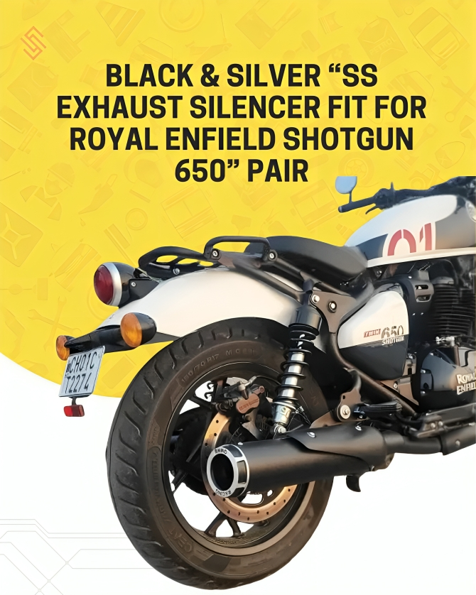 SnapShopHub's tweet photo. 🖤 Black &amp; Silver SS Exhaust Silencer – Pair for Royal Enfield Shotgun 650

Upgrade your Royal Enfield Shotgun 650 with this high-performance Stainless Steel Oval Straight Silencer Pair. 

👉 Buy Now: https://t.co/9BIgJDQam2 https://t.co/pRsiVrA1V9