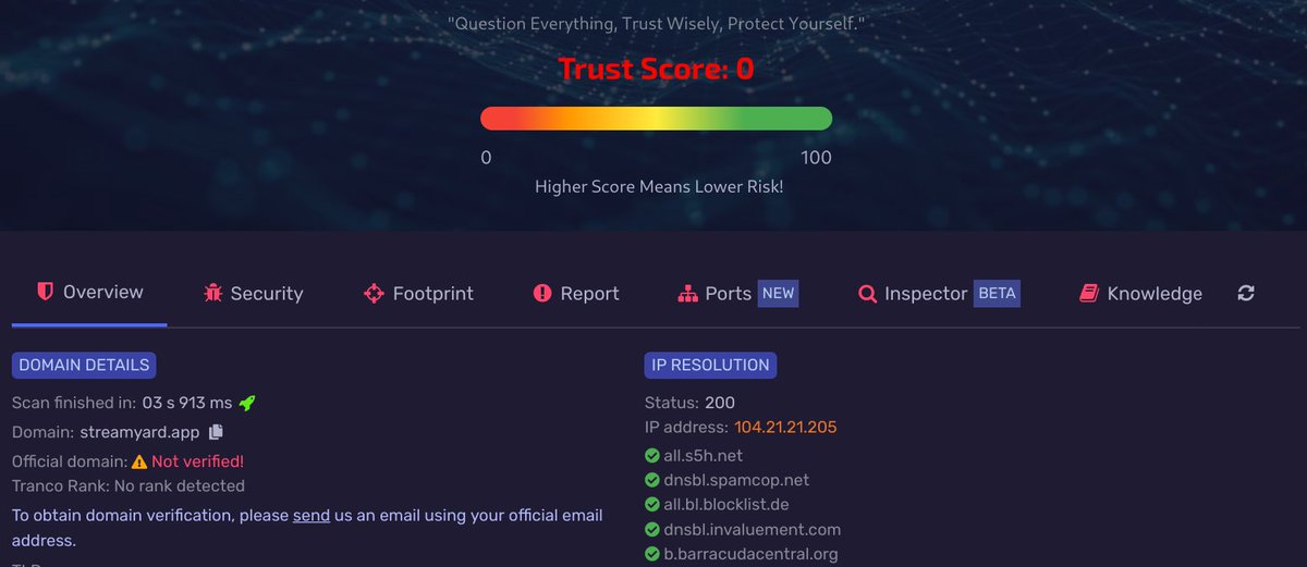 Scammer <a href="/ErikoTDBN/">Eriko</a> is sending out a fake StreamYard link (streamyard[.]app) - the official site is streamyard.com.

They're attempting to steal your login credentials for third-party accounts like Google, YouTube, and Facebook.

🔒 Always double-check URLs before logging