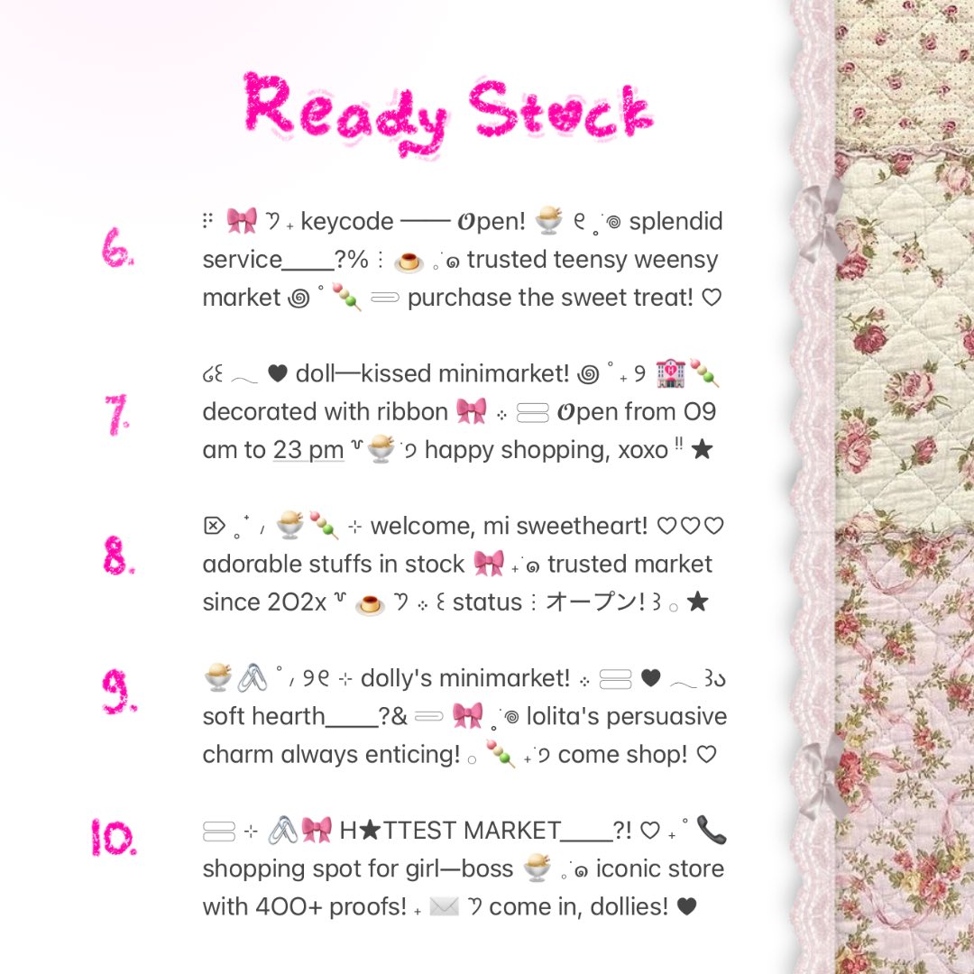 ⠀
⠀︵ ⊹ ︵  help repost  ..  gomawo!  ︵ ⊹ ︵

🍨🍡  もしもし  ..  >___★  NOW IN STOCK  :  BIO WORDING  ♡⃞  only 3.500 @ each!  🎀  knock my dm now to buy your favo__orite profile deco, xo!  📞

t. #zonauang #zonaba  rs ready stock ba needs