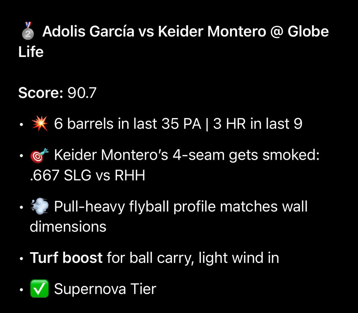 🦠🧬Adolis Garcia x Bobby Witt Jr🦠🧬

2 guys who stood out to me after running through the model 👀🔥

it’s a lot of spots i like tonight let’s hope the pairing is right 🫡✳️

GL IF TRAILING💚💤
#GamblingTwitter #gamblingX