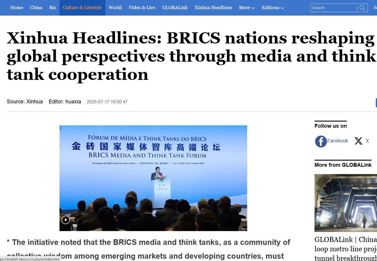 ma_khodabandeh's tweet image. The rise of #BRICS not an isolated phenomenon. part of a broader awakening of the #GlobalSouth, which is asserting itself as a central force in international affairs
"BRICS nations reshaping global perspectives through media and think tank cooperation" english.news.cn/20250717/c4470…