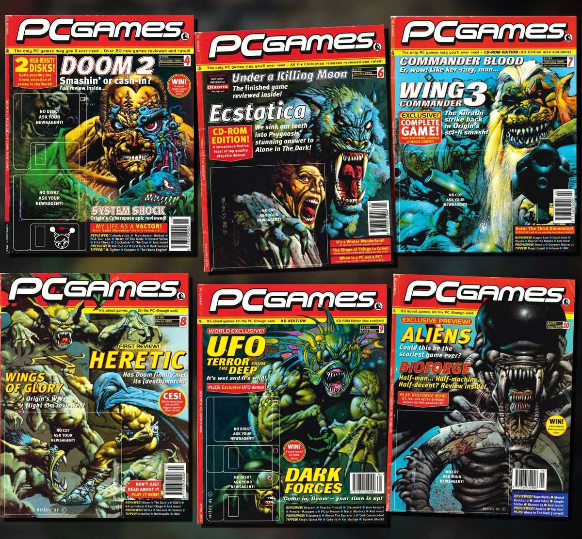SimonBisleyFan's tweet image. Simon Bisley – PCGames Magazine Covers (1994–1995)
Wait—Bisley did six insane covers for a PC mag in the mid-90s and no one told us? Doom II, Wing Commander 3, Aliens...   #simonbisley
 #doom2 #systemshock #wingcommander3 #aliens