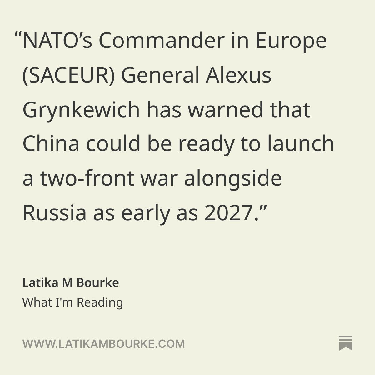 latikambourke's tweet image. My reading list this week:
🧢 @JonasYDu on MAGA's young, hot summer
🇨🇳 🇷🇺 @NATO warns of a two-front China/Russia war in 2027
🚗 Xi's rare admission on EV over-supply
🇪🇺 @EuropeanCommission departs from G7 in lowering Russian oil cap
🇯🇵 Japan releases defence strategy
Full…