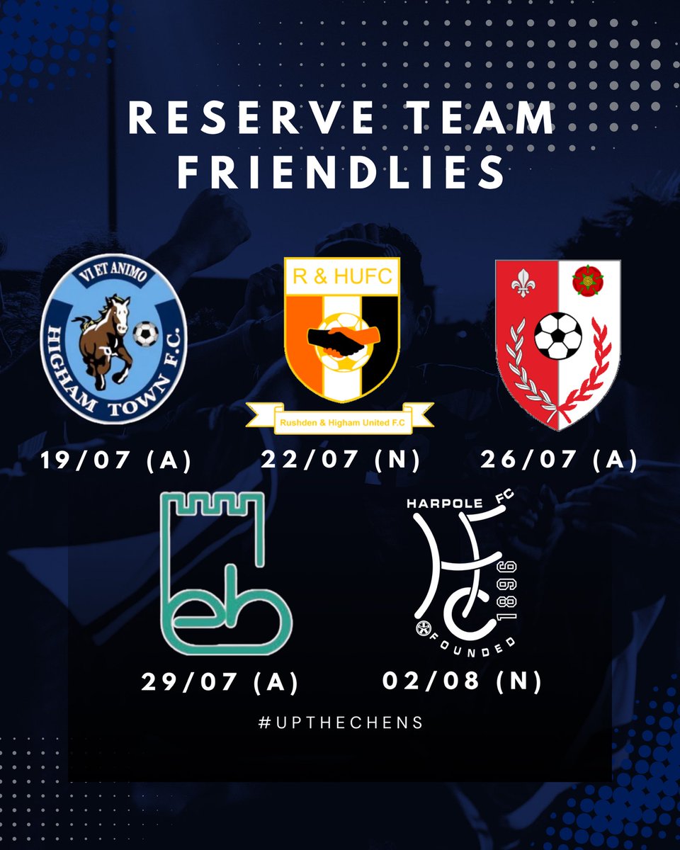 ONChenecksFC1's tweet photo. Reserves Preseason Schedule 🔥

Friendlies kick off this weekend as the reserves travel to face Higham Town for a 2:30PM kick off!

The games marked neutral (N) are to be played at Northampton Spencer FC #UpTheChens https://t.co/dUp5kto8hV