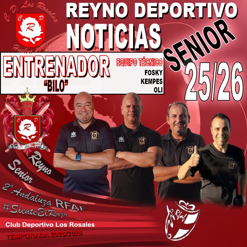 📝ENTRENADORES 📸SENIOR
Una vez constituido el Equipo Técnico, formado por: Bilo, Fosky, Kempes y Oli. Juntos, intentarán conseguir el difícil reto de volver a 1ª Andaluza RFAF. 
¡Suerte Guerreros! 
#SienteElRojo 
#CDLRdesde1994
