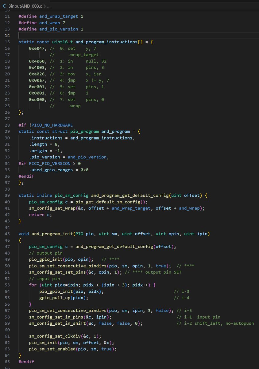 DragonBallEZ's tweet image. バイナリぶっ込み版のPIO周りのコード #3入力AND回路 #ラズパイピコ2 #PicoSDK #C言語
