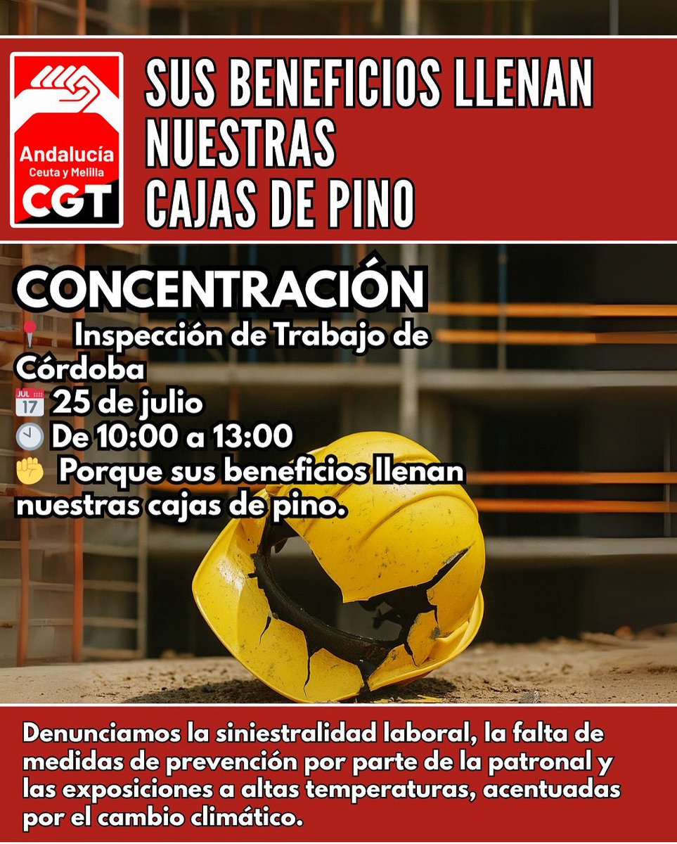🟥 SUS BENEFICIOS LLENAN NUESTRAS CAJAS, DE PINO
📍 #inspecciondetrabajo #Córdoba
🗓️ 25 de julio
🕙 De 10:00 a 13:00 h
👇🏿👇🏿👇🏿
☘️vm.tiktok.com/ZNdmkuHWX/
☘️ m.facebook.com/story.php?stor…

#cgtandaluciaceutaymelilla #SiniestralidadLaboral #terrorismopatronal <a href="/destacar/">ISABEL FERNANDEZ AR</a> <a href="/CGT_A/">CGT Andalucia</a> <a href="/CgtCadiz/">CGT Cádiz</a>