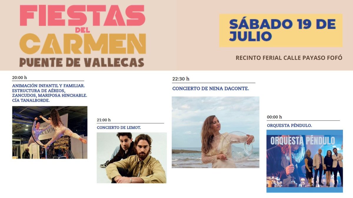 💃🕺 ¡Esta noche no pararás de bailar con los conciertos que hemos programado para celebrar contigo las Fiestas del Carmen de #PuenteDeVallecas!

ℹ Consulta todas las actividades👇