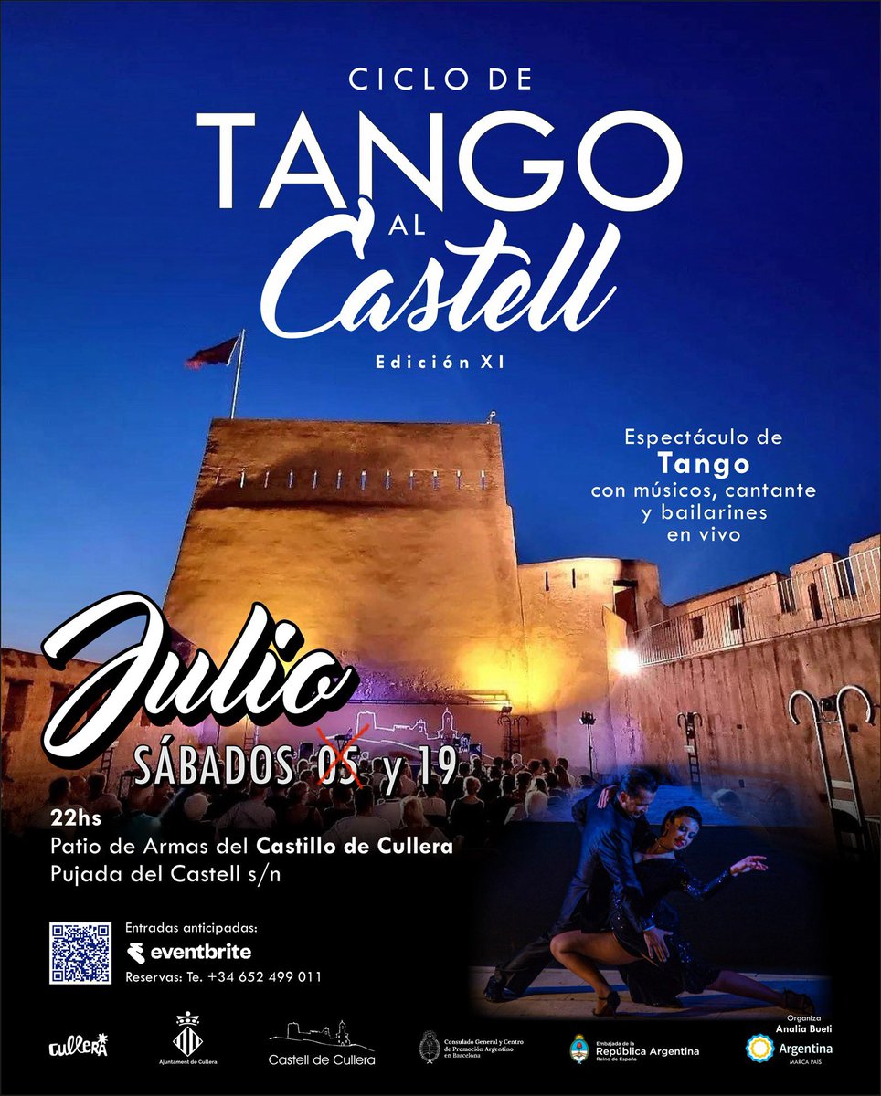 ESTA NOCHE!!
22:00 hs - PATIO de ARMAS del CASTILLO de CULLERA
Últimas entradas!!

festivaldetangovalencia.com/ciclo-tango-al…