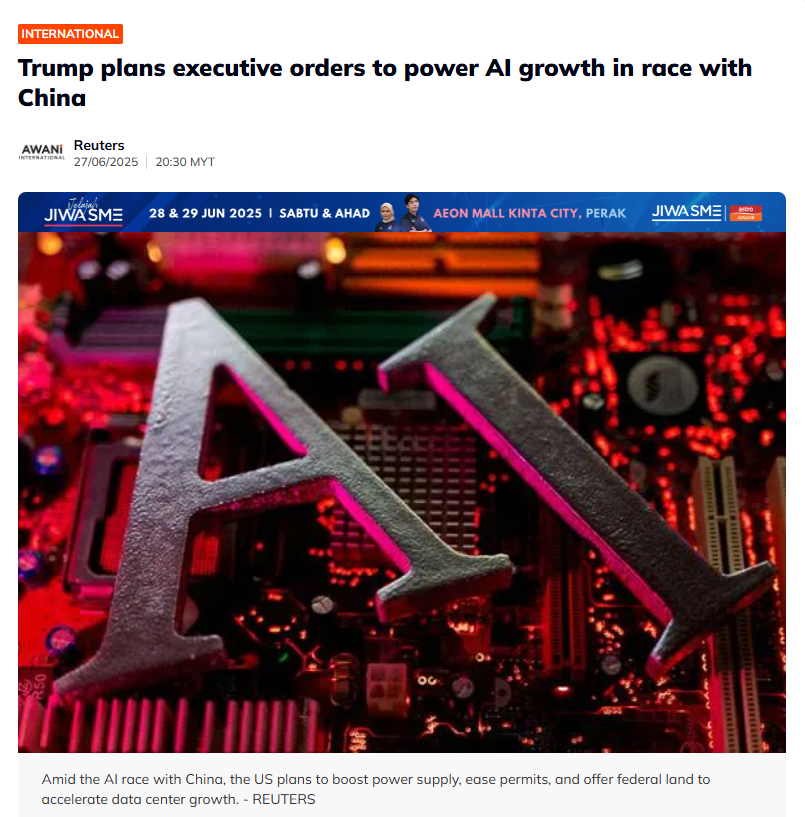 8yhl8's tweet photo. Big moves coming from the US government...
 Trump’s administration is preparing a full-blown AI acceleration plan…
 Not just investments... but executive orders.
👉 Easier grid connections
👉 Fast-tracked energy permits
👉 Freeing up federal land for AI data centers
👉 Even talking about making July 23 "AI Action Day"
All this... because the US is in a tech arms race with China.
 AI = Economic edge + Military edge + Global influence.
But here’s the interesting part:
 Behind the national headlines... this is about power. Literal power.
AI data centers are already pushing America’s energy grid to its limits.
 Consultants are saying US electricity demand could grow 5x faster than expected...
 And AI energy use alone could grow 30x by 2035. 😳
So here’s my question (genuine curiosity 👇):
 Can AI scale without causing an energy crisis?
 Or are we entering an era where speed > sustainability... just to win the AI race?
And for companies…
 Will “who has the most data centers” become the new flex?
 Or will it backfire on communities already struggling with energy bills?
Would love to hear your take.
#AI #Geopolitics #EnergyCrisis #AIInfrastructure #ChinaUS #DataCenters #AIActionDay #TechRace #AIandEnergy #SustainabilityVsSpeed