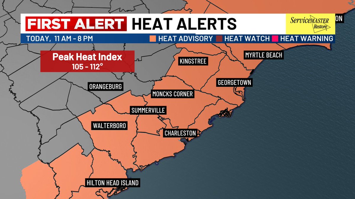ChrisHoltzmanWx's tweet image. A HEAT ADVISORY is in effect from 11 AM through 8 PM. High temperatures today will be in the mid to upper 90s and when you factor in the humidity, it will feel like it's around 108-110 degrees. Make sure to take precautions if you will be outdoors for an extended period of time.