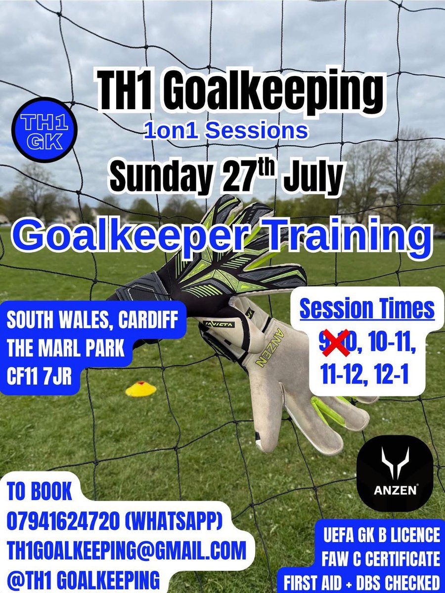 SUNDAY 27th JULY

Goalkeeper Training in Cardiff, South Wales 🏴󠁧󠁢󠁷󠁬󠁳󠁿 🧤

DM to book a session or for any questions!

Thanks, Teejay