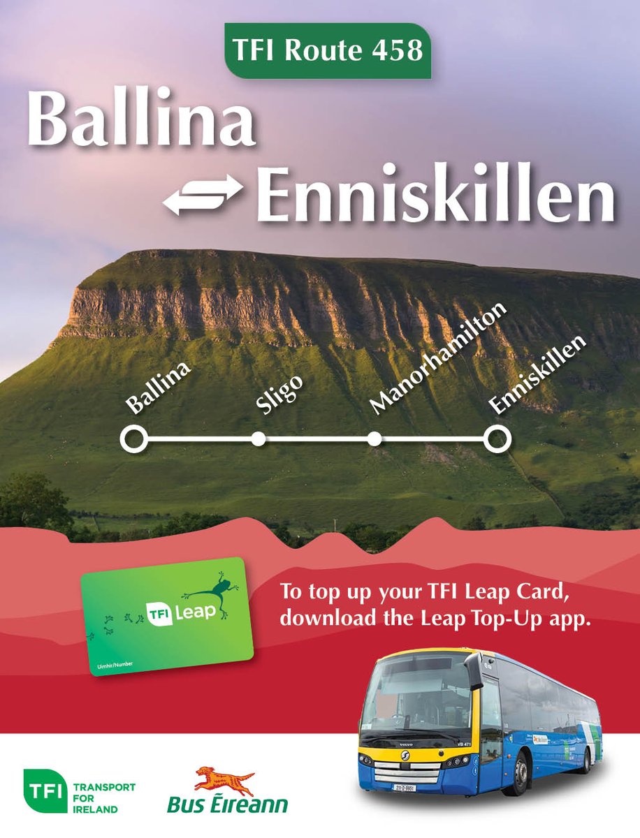 Buseireann's tweet image. Travel from Ballina to Enniskillen via Sligo on Bus Éireann Route 458.
Use your Leap Card for best value fares.
Check out buseireann.ie/routes-and-tim…
#BusEireann #Sligo #Ballina #Enniskillen #LeapCard