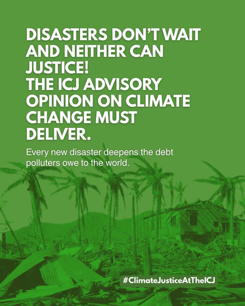 Oxfam's tweet image. Extreme weather and rising seas are not just disasters, they are #humanrights crises. Small island states demand justice, and the #ICJ must hold polluters accountable.
Disasters keep coming. Action must too. Share if it’s time polluters faced the consequences.
#ClimateICJAO…