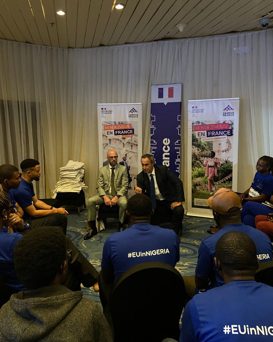 🇪🇺 Highlights from the Study in Europe Fair and ERASMUS Pre-Departure Session!

A heartfelt thank you to H.E. Monsieur Marc Fonbaustier, Ambassador of France to Nigeria, for sharing invaluable insights with the 30 incredible Erasmus+ scholars preparing to study in France 🇫🇷✨