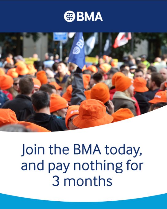 BMA_NI's tweet image. BMA new member offer.
Join the BMA today and pay nothing for your first 3 months of membership. Join over 190,000 UK doctors and medical students committed to driving real change in our profession.
brnw.ch/21wUgAL