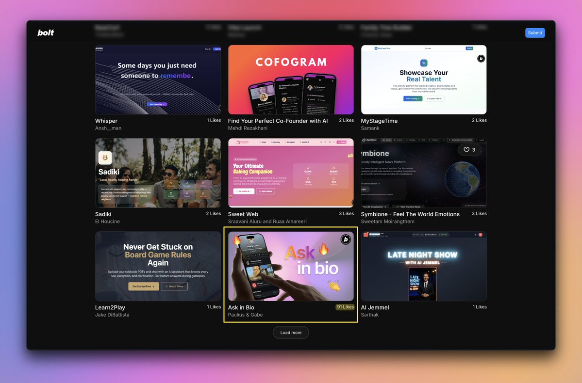 EngMarketer's tweet image. we've been getting quite a bit of likes from friends and users, more than many of the featured ones
could we get a bump to the featured page? 🙏🙏
would be happy to also demo to bolt community if theres another demo day!
cc @EricSimons @MalloryLoar @Katerade4 @inkko44
