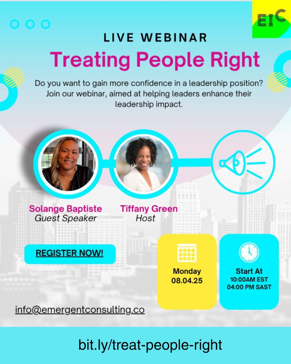 ITPCglobal's tweet image. What does it really mean to treat people right?
Join ITPC’s @S0langeBaptiste on 4 Aug for a free webinar on courageous leadership, empathy & impact.
🕙 10 AM EST | 4 PM SAST
🔗 Sign up: bit.ly/treat-people-r…
#Leadership #treatpeopleright