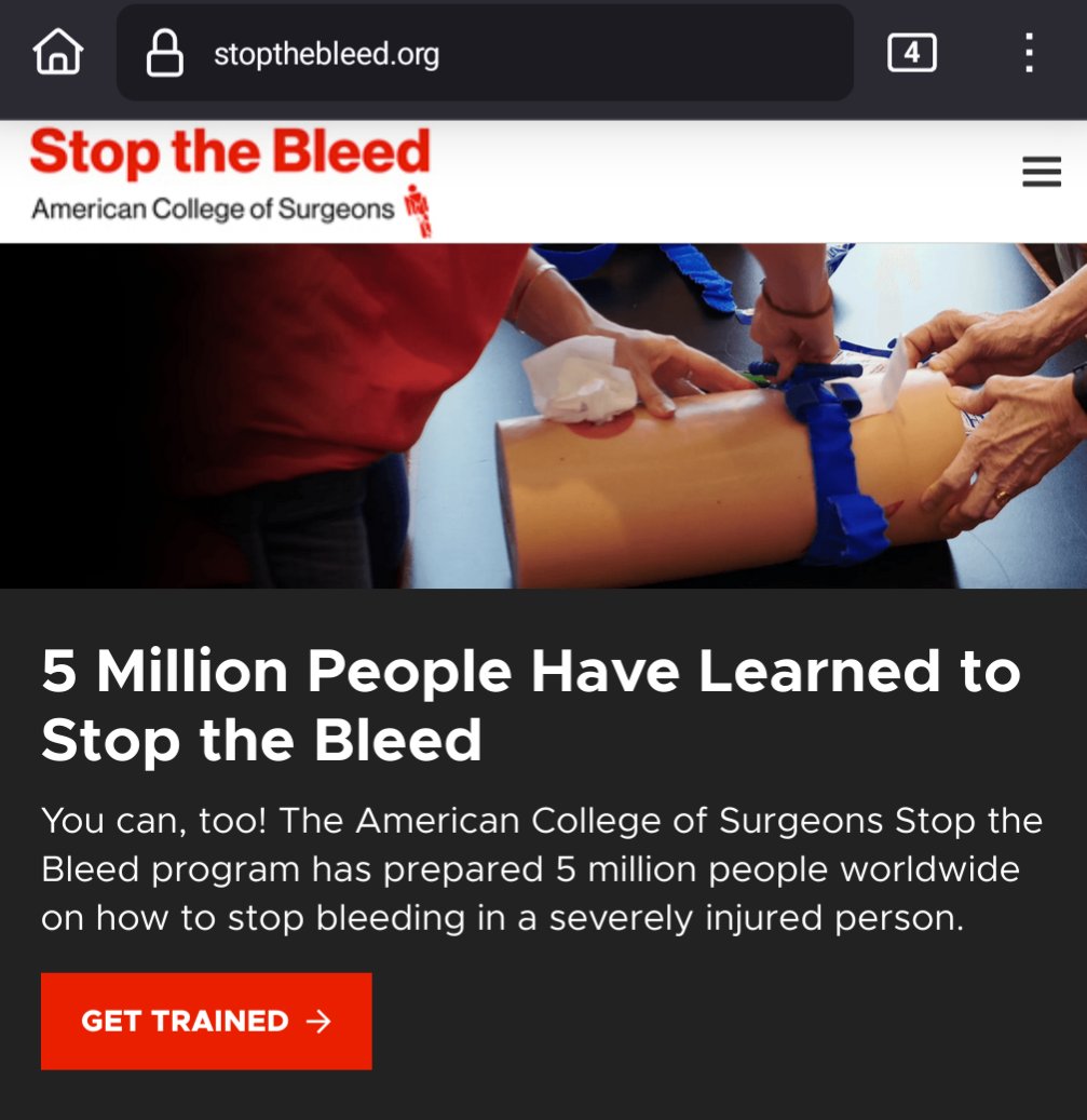 free training.  stopthebleed.org 
online and in-person classes.  be prepared.