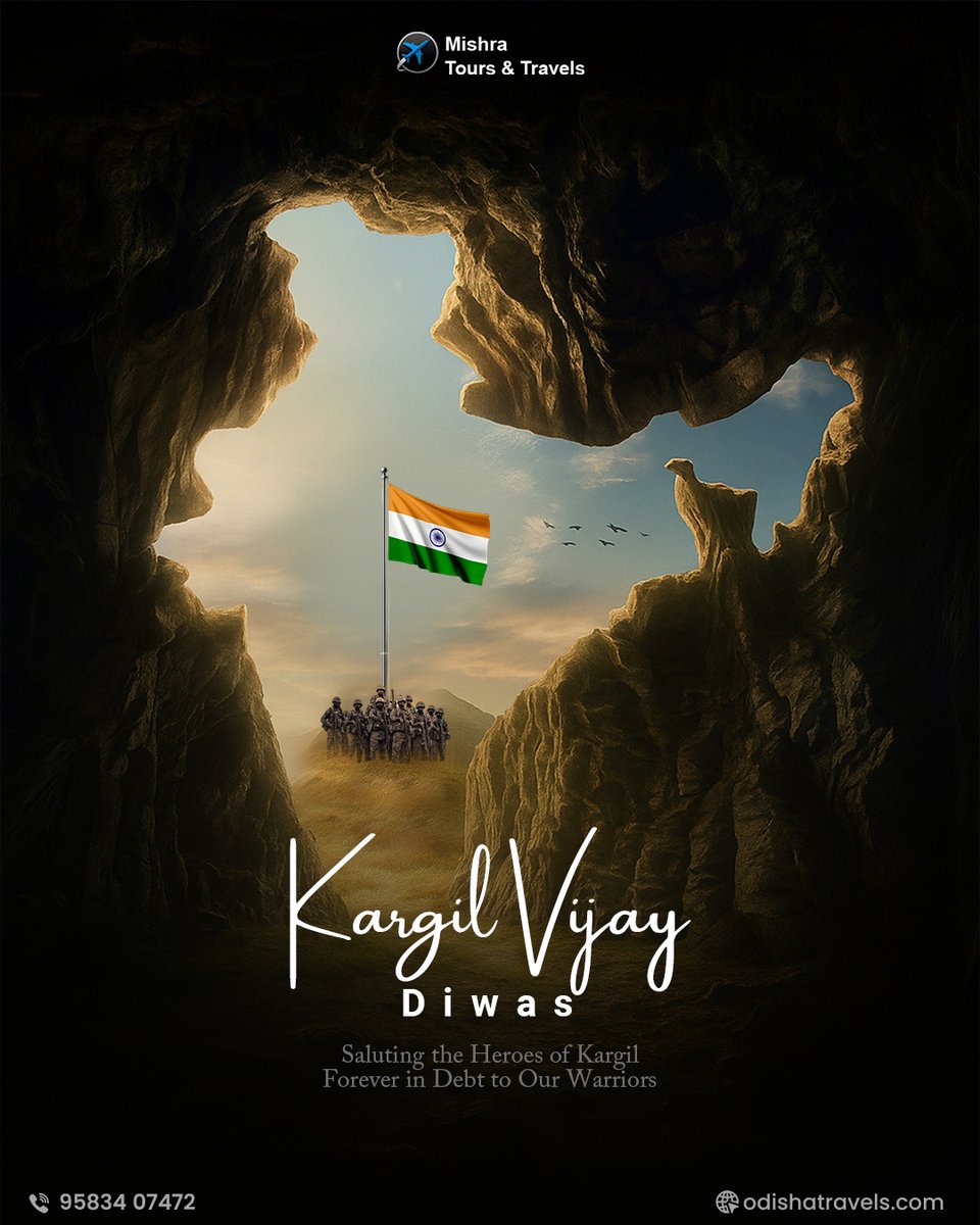 Mountains remember their bravery, rivers whisper their names &amp; we carry their story in every journey we take.
On KargilVijayDiwas, Mishra Tours &amp; Travels salutes the valour that lets us roam free and dream big.

#KargilVijayDiwas #SaluteToSoldiers #kargilwarheroes #odishatourism