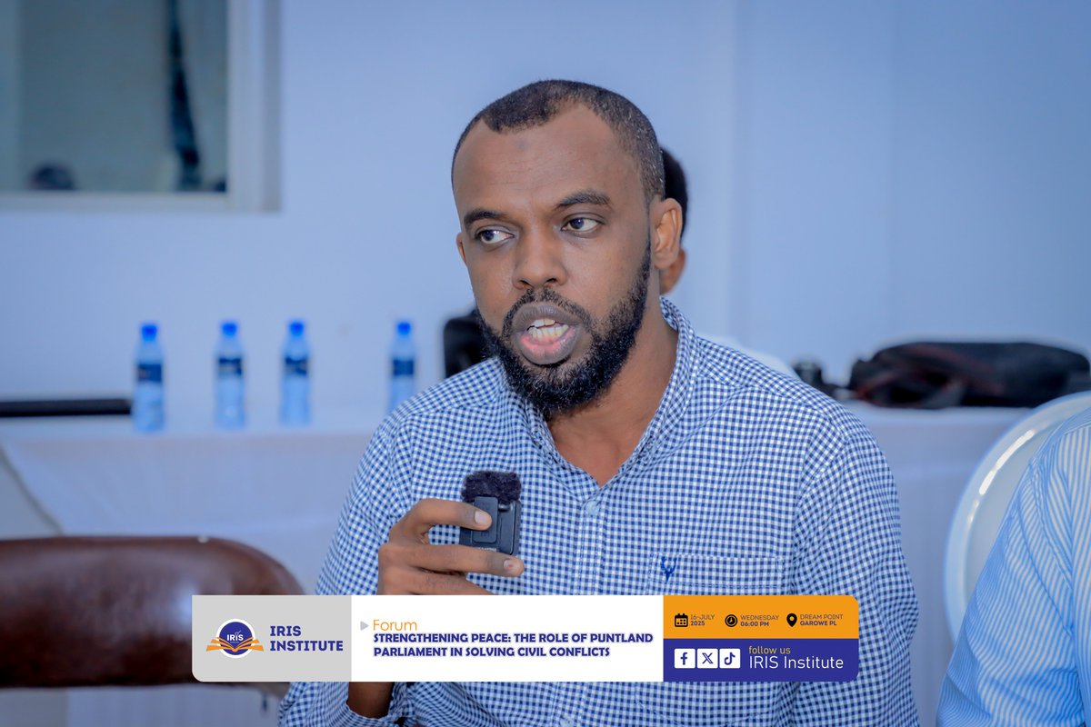IRIS Institute held a forum on “Strengthening Peace,” featuring Puntland MPs Hon. Nasiib Muse Ali and Hon. Mawlid Abokor Caafi. Moderated by Muse Ahmed Mohamud, the event promoted dialogue on the parliament’s role in conflict resolution and public engagement for peace.
#Peace