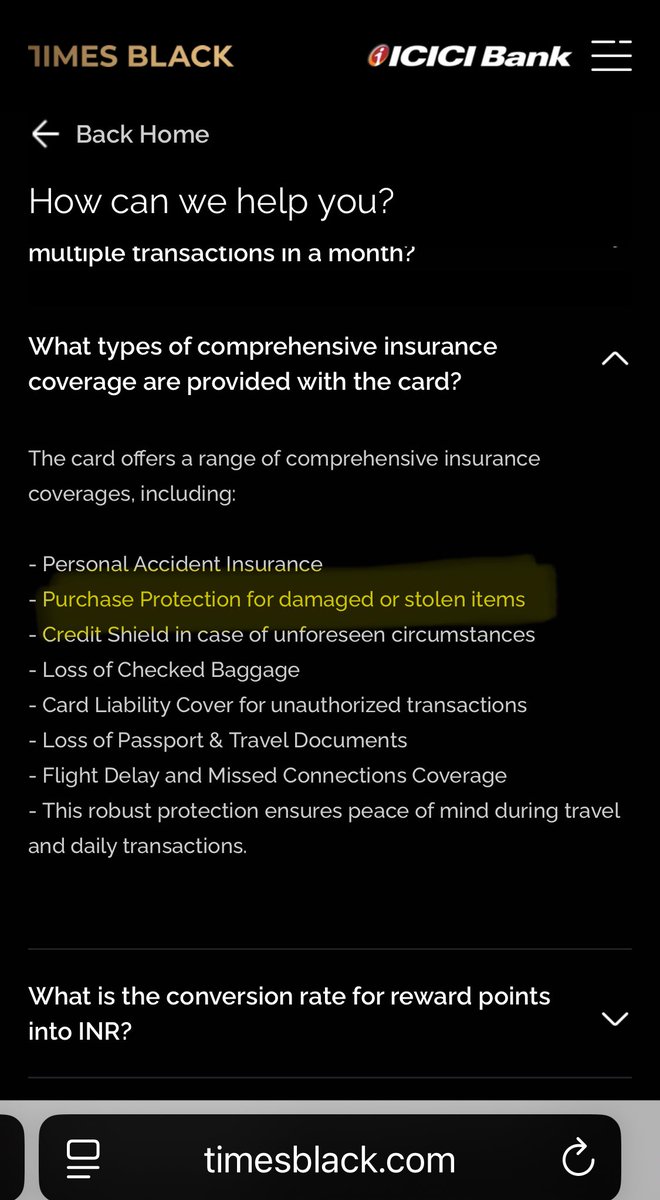 Tried using the “Purchase Protection for damaged or stolen items” with my Times Black card, exactly as promised in their official benefits (see attached screenshot). When I had to make a claim, neither ICICI Bank nor the insurer helped or took ownership.

At this point, I want