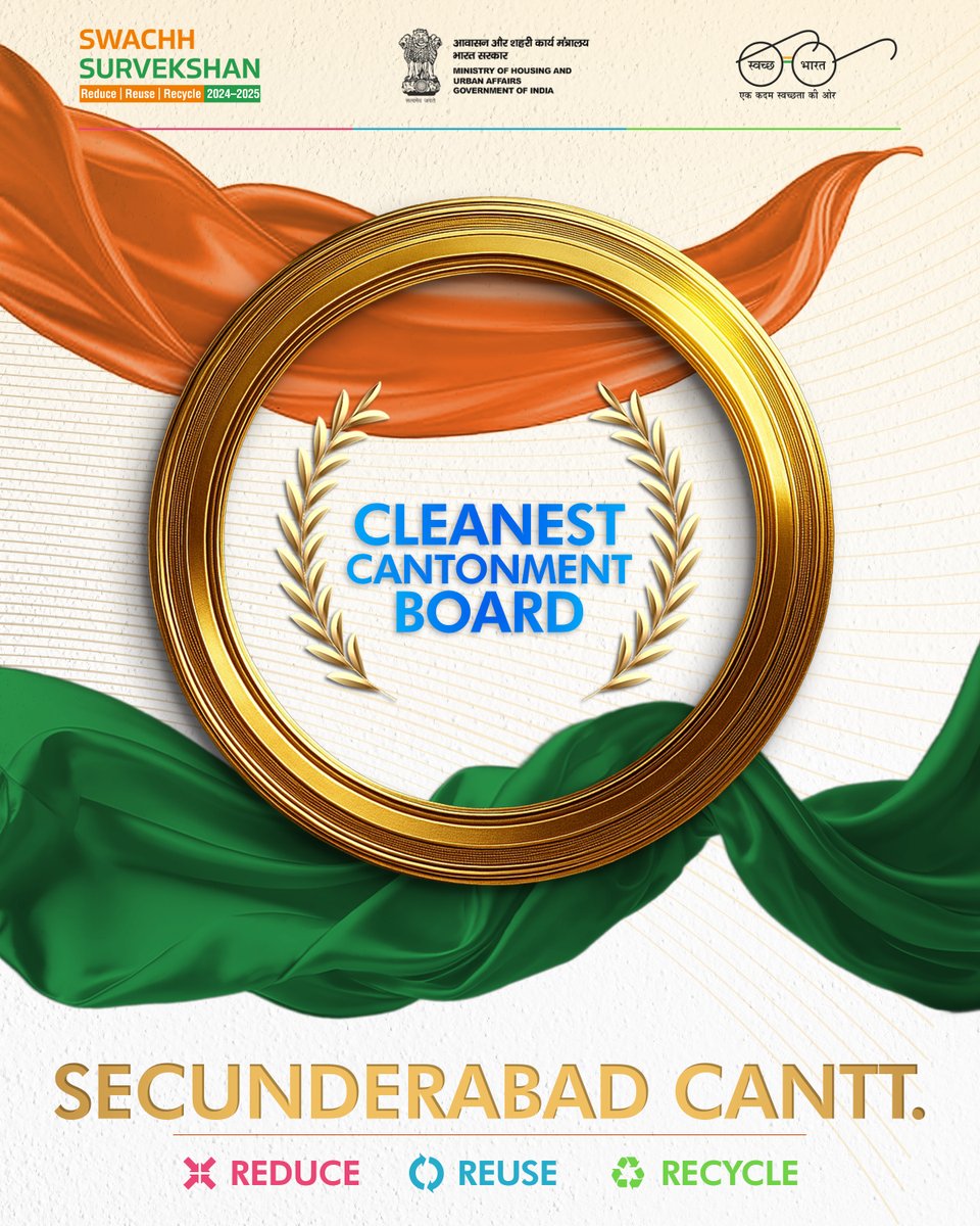 Swachh Survekshan (@swachsurvekshan) on Twitter photo 🏅 Secunderabad Cantt. is crowned the Cleanest Cantonment Board under #SwachhSurvekshan2024!
A shining example of discipline, dedication, and the spirit of #Reduce #Reuse #Recycle #3R♻️
#SwachhSurvekshanAwards
<a href="/MoHUA_India/">Ministry of Housing and Urban Affairs</a> <a href="/mygovindia/">MyGovIndia</a> 🏅 Secunderabad Cantt. is crowned the Cleanest Cantonment Board under #SwachhSurvekshan2024!
A shining example of discipline, dedication, and the spirit of #Reduce #Reuse #Recycle #3R♻️
#SwachhSurvekshanAwards
<a href="/MoHUA_India/">Ministry of Housing and Urban Affairs</a> <a href="/mygovindia/">MyGovIndia</a>