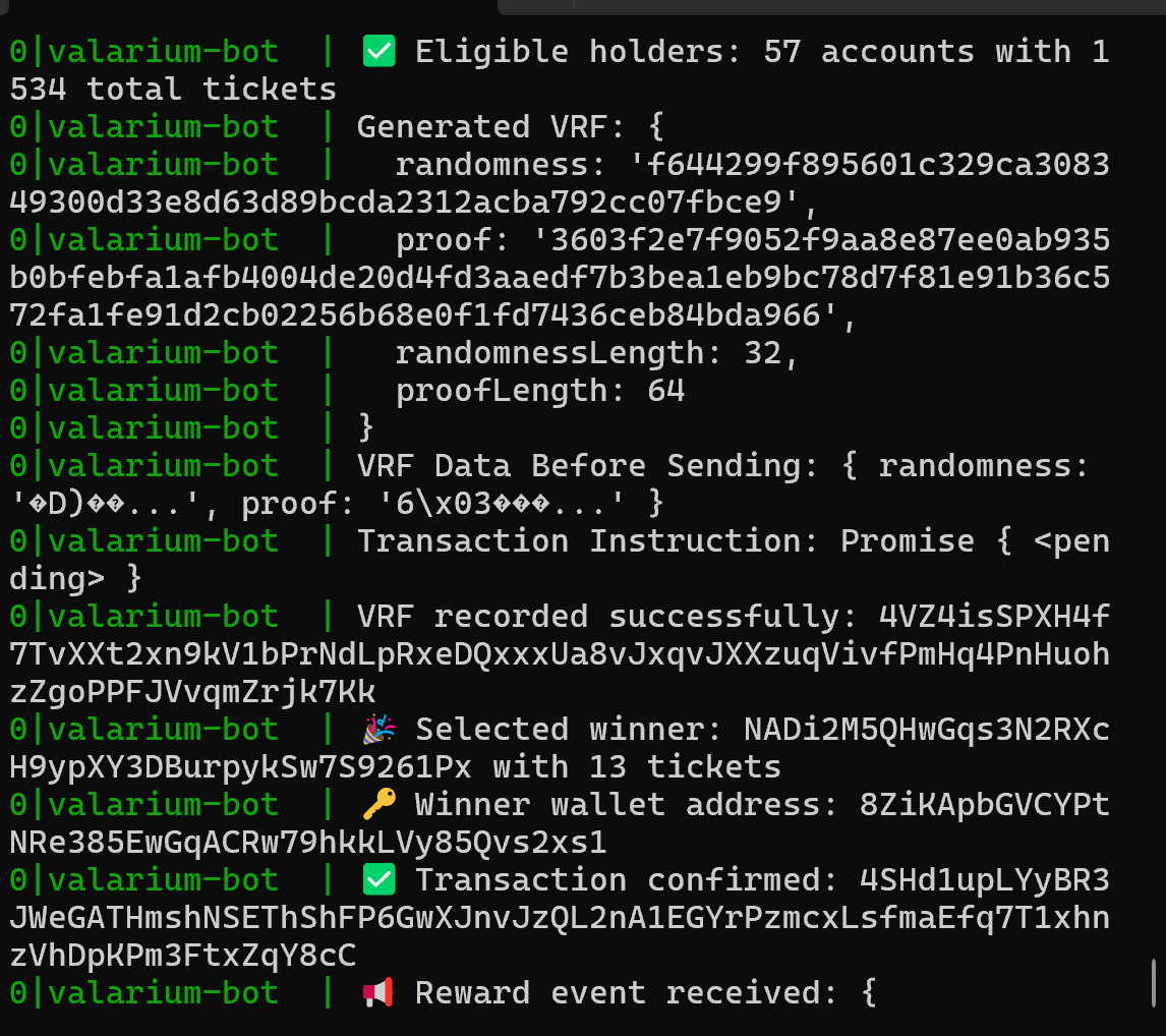 Valarium_Gold's tweet photo. 🤖 This is how our custom bot works — picking winners fully on-chain, every few minutes.
No manual input. Just code, luck, and $VGLD.
#Valarium #VGLD #Solana #CryptoBot #OnChainRewards https://t.co/gQRUA9jcfX
