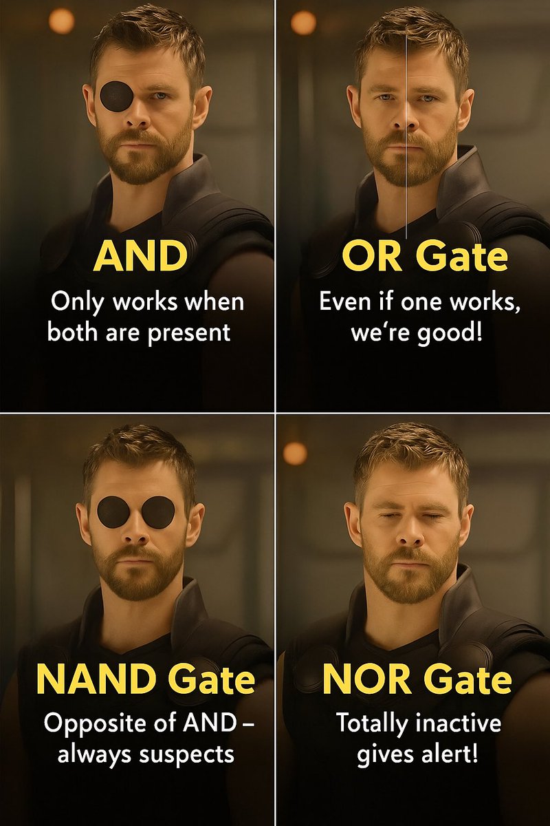 AslmJS's tweet image. When Thor teaches Logic Gates ⚡
AND, OR, NAND, NOR – powered by Asgardian circuits 🧠💻
#TechHumor #ComputerScience #LogicGates #ThorMeme #NerdLife #EngineeringMemes