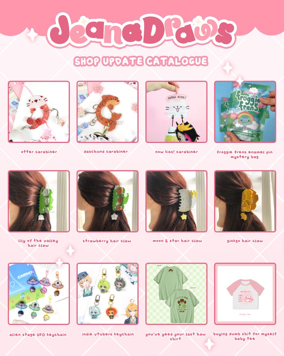 JeanaDraws's tweet image. ๐ธโจ Shop Update is LIVE! โจ๐ธ
RTs appreciated ๐
New Lakko items, carabiners, shirts, and leftover stock of the dangle bag sets, mini pouches and hair claws are up! ๐