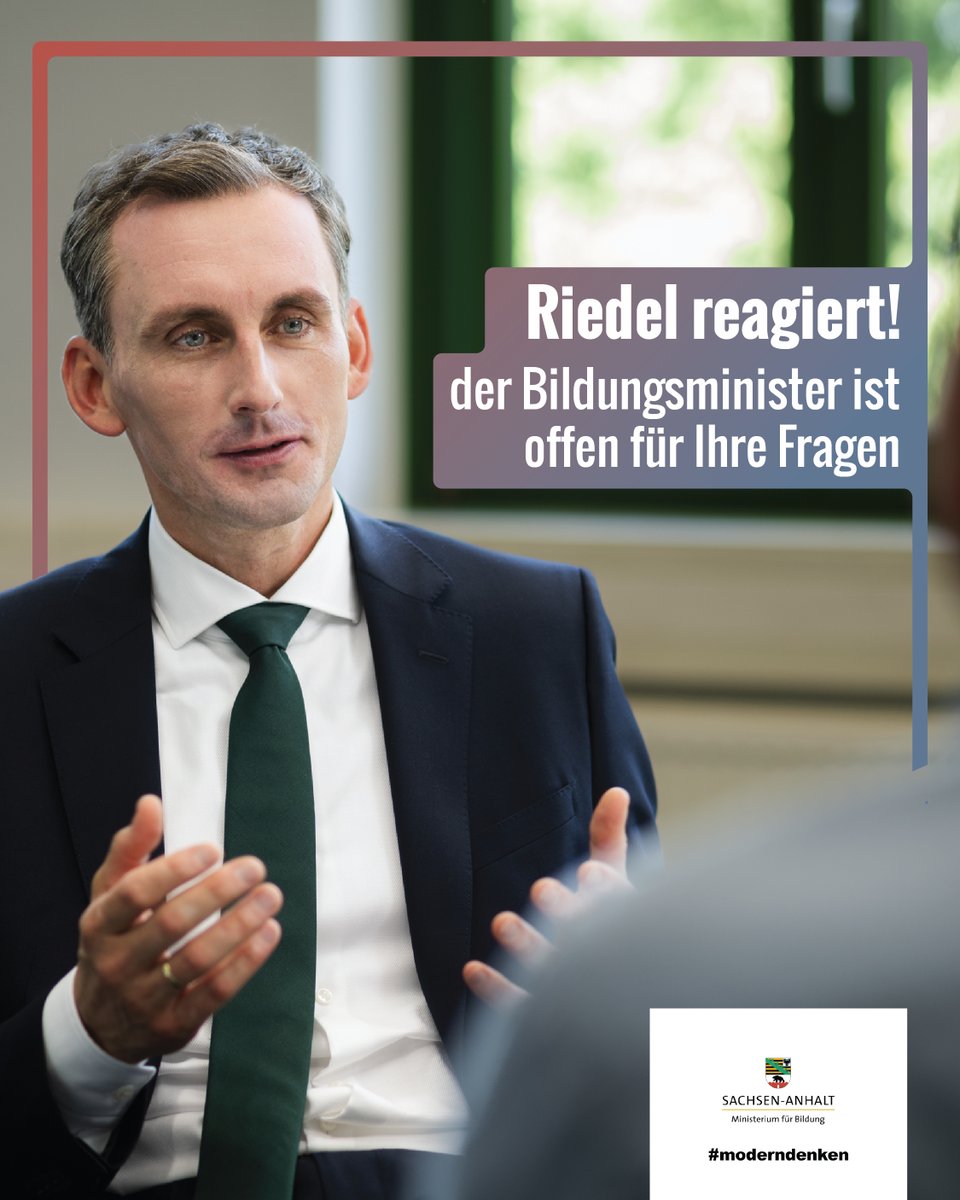 ❓ Was wolltet ihr schon immer vom Bildungsminister wissen? Jan #Riedel ist neu im Amt und offen für den #Dialog. 💬  Was interessiert euch rund um #Schule, #Bildung und Zukunft in <a href="/sachsenanhalt/">Sachsen-Anhalt</a>? 🗓️ Stellt eure Fragen bis zum 11.08. – direkt in den Kommentaren oder als DM /lz