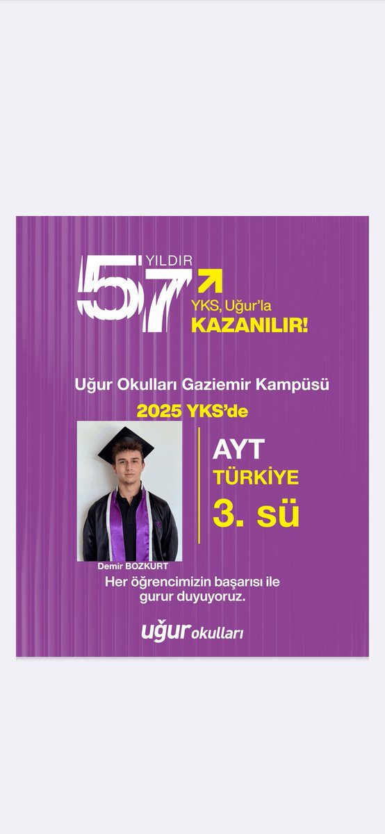 UOGaziemir's tweet photo. Gurur Duyuyoruz! 🎉
Uğur Okulları Gaziemir Kampüsü olarak bir büyük başarıya daha imza attık!
YKS AYT’de Türkiye 3.’sü olan değerli öğrencimiz Demir Bozkurt, hepimizi gururlandırdı.
Seninle gurur duyuyoruz Demir! 🌟
#UğurOkulları #GaziemirKampüsü #TürkiyeÜçüncüsü #BaşarıHikayesi https://t.co/Hltpms8xAg