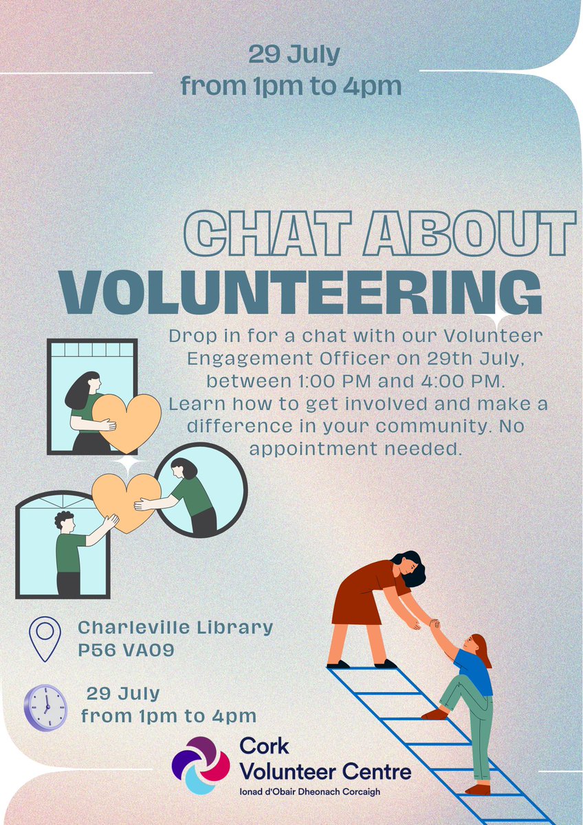 corkcolibrary's tweet image. Are you interested in volunteering but don’t know where to start?
Charleville Library invites you to join them for a drop-in session Cork Volunteer Centre on Tuesday, 29th July, between 1:00 PM and 4:00 PM.
Ви зацікавлені у волонтерстві, але не знаєте, з чого почати?…
