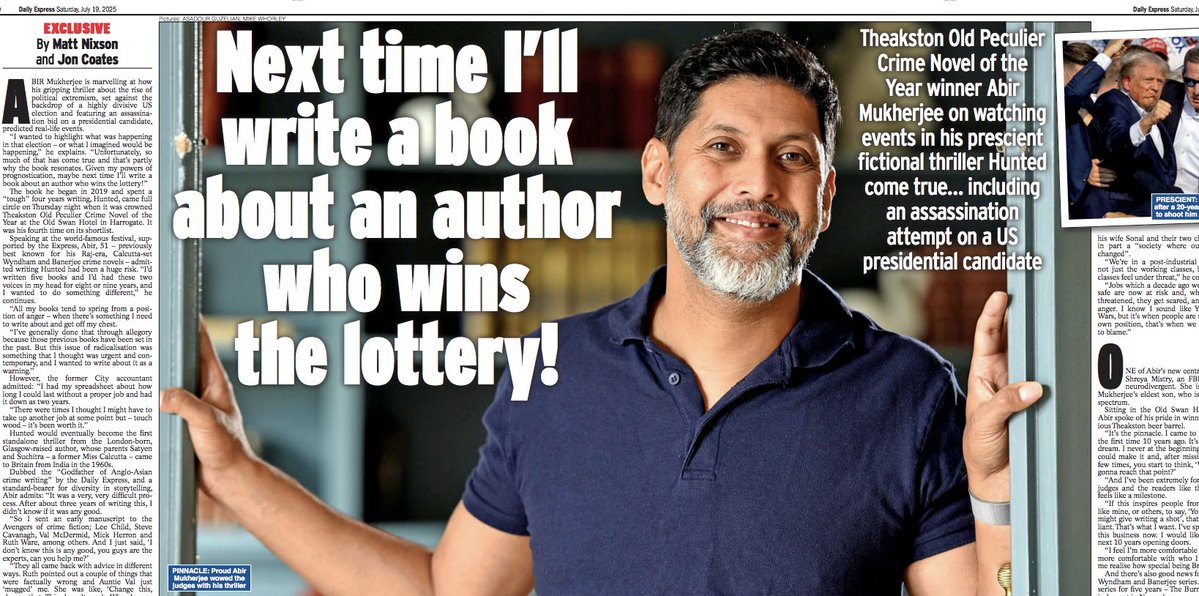 MattNixson's tweet image. Here's @radiomukhers in @Daily_Express today talking about his brilliant #TheakstonsCrime @HarrogateFest novel of the year, #Hunted, and the inspirations behind it... via me and @joncoates73 Huge thanks to HIF team and everyone involved! #buyabook
express.co.uk/entertainment/…
