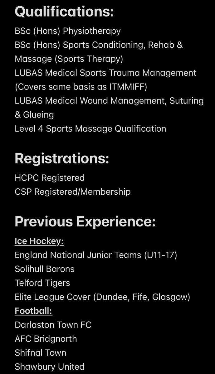 💥PHYSIO AVAILABLE💥

Due to a change in circumstances I am looking for a sports team for the 2025/26 season.

See image for qualifications &amp; previous experience.

📍West Mids, South Staffs

RTs appreciated👊🏻