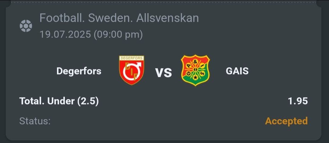 A3RBET's tweet photo. Sweden Allsvenskan
Degerfors vs GAIS
My Pick: Under 2.5 Goals
Odds: 1.95
Big clash ahead
#Allsvenskan #FootballPredictions #Degerfors #GAIS #BettingTips #Soccer #UnderGoals https://t.co/iHWrxeuOI7