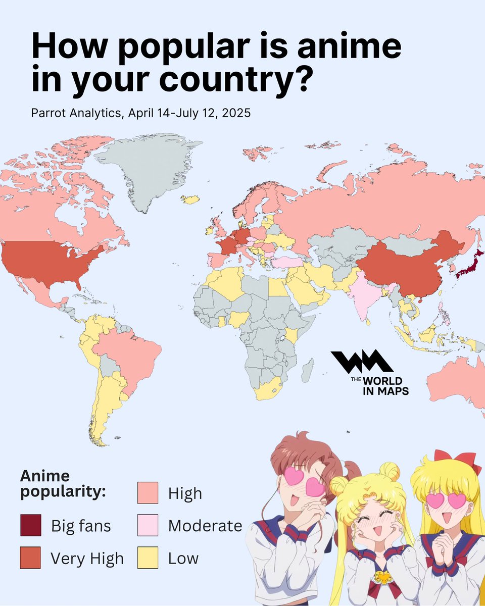 xruiztru's tweet image. Anime isn’t just a Japanese phenomenon anymore.
From the U.S. to China, anime’s popularity has gone global—check how your country ranks!